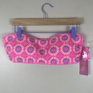 Ninety-Nine Women's L Bikini Top Pink Crochet‎ Granny Square Bandeau NEW